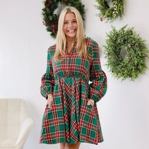 She+Sky Holiday Green, Red Plaid Long Sleeve V-Neck Party Dress with Pockets
